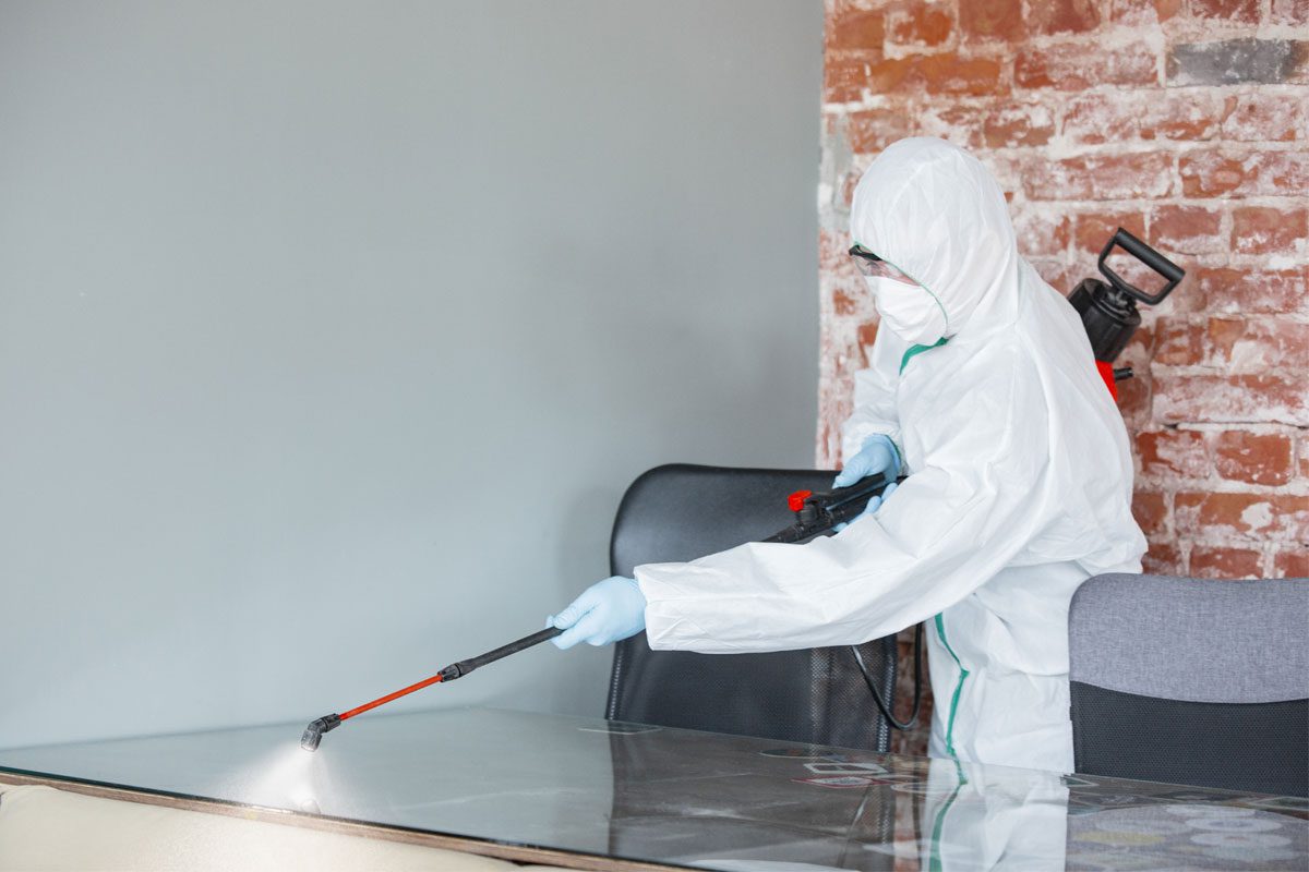 Commercial cleaner in white hazmat suit spraying disinfectant on desk covid-19