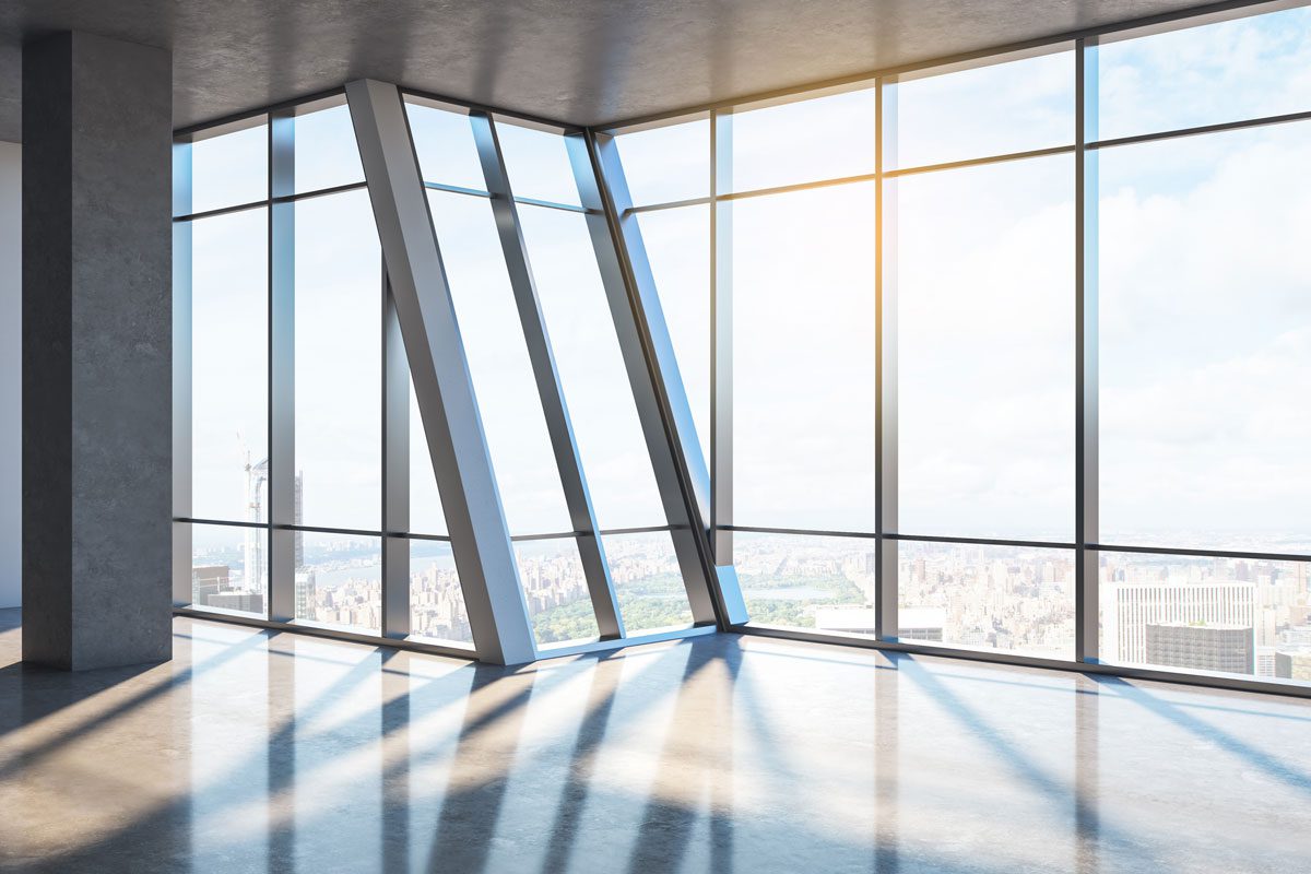 Office interior with large glass windows clean