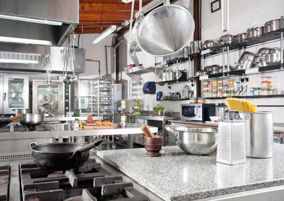 A neat, well-organized, clean commercial kitchen